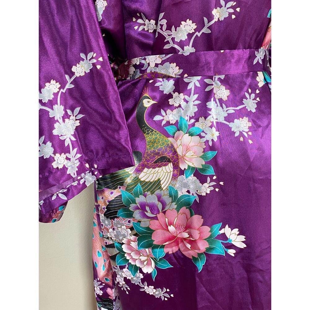 Vintage Lian Lin kimono purple peacock blossoms size XL silky sash belt China - Picture 2 of 4